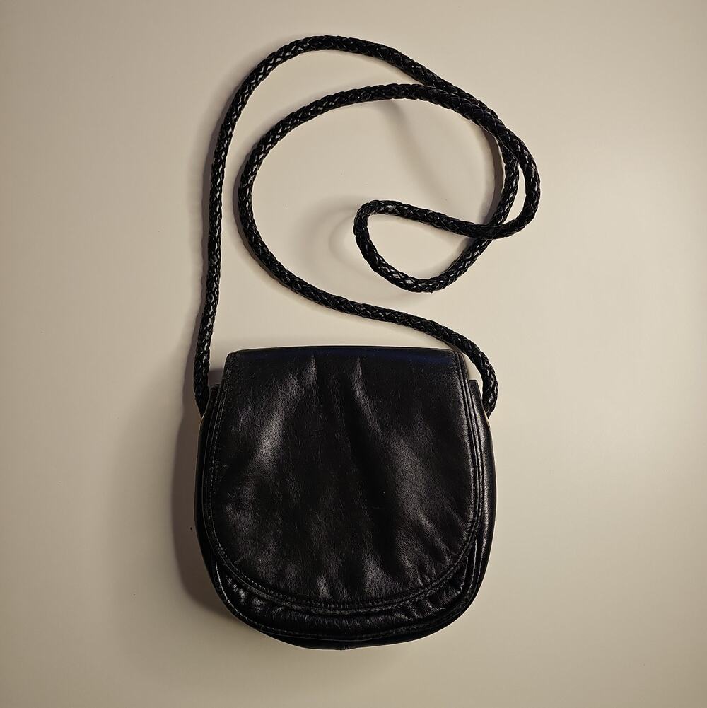 Vintage Anne Klein for Calderon Black Leather Crossbody Braided Strap